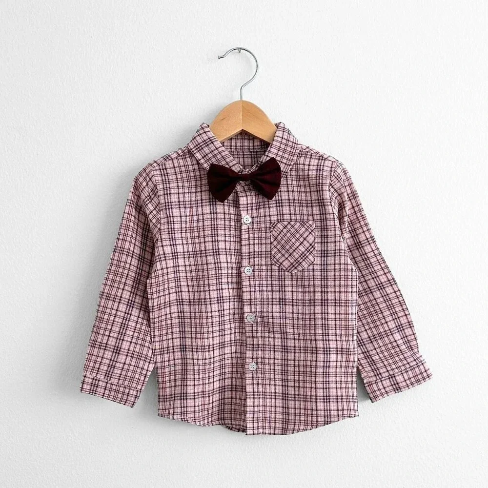 NWT Handsome Boys Dress Shirt, Bow Tie, Pants & Suspenders Set Burgundy 9-12M